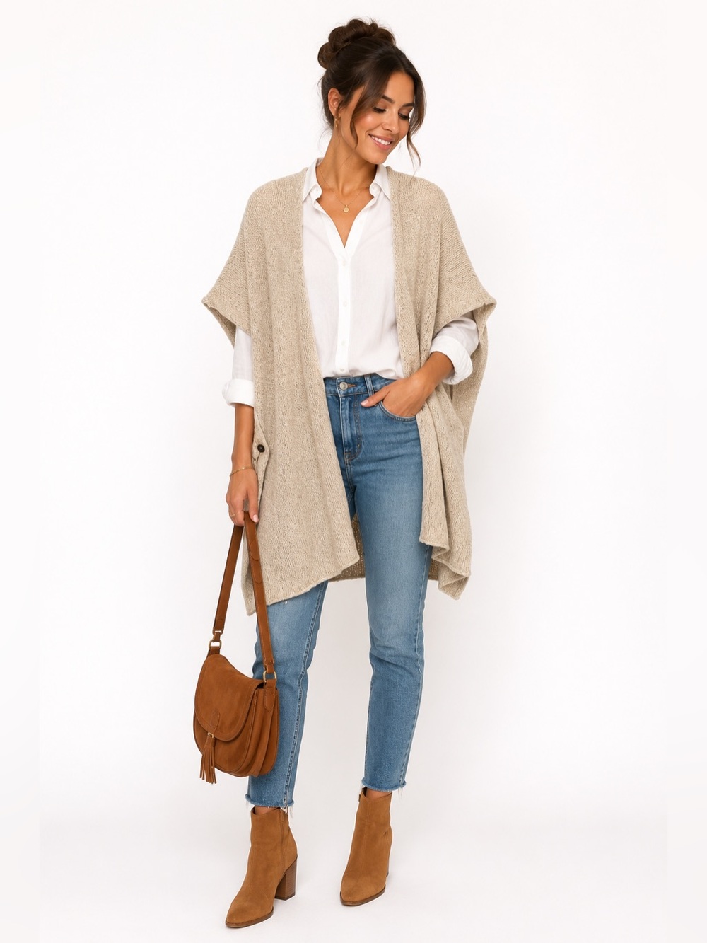 Eskandar Beige Cotton Linen Open Front Oversized Knit Poncho One Size